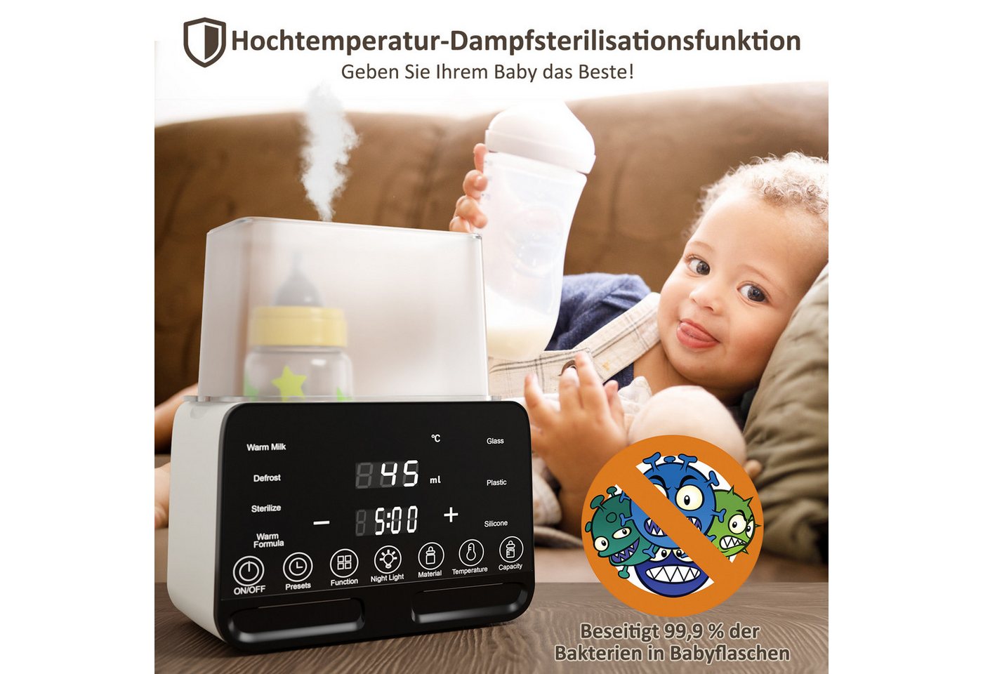 CkeyiN Babyflaschenwärmer 2 Flaschen 10 IN 1 Baby Flaschenwärmer, Konstante Temperatur in 24h, Timer-Funktion präzise Temperaturregelung BPA-frei Touchscreen Bild 2