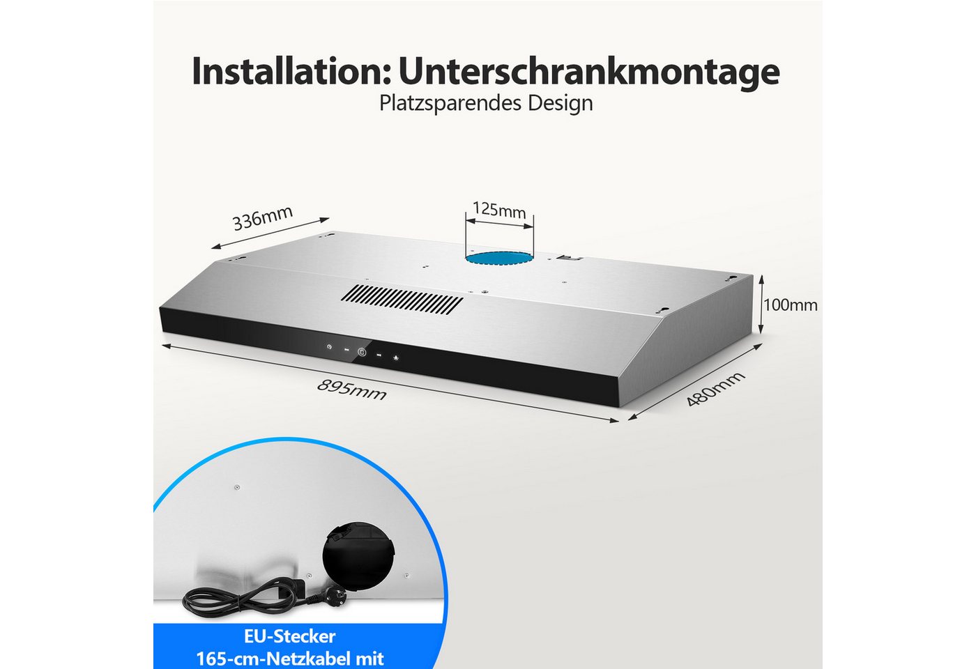 SNDOAS Unterbauhaube 90cm, Umluft & Abluft Dunstabzug mit LED‑Beleuchtung, 175 m³/h Dunstabzugshaube mit Aktivkohlefilter CF‑D, 3 Stufen, Energieklasse A+ Bild 3