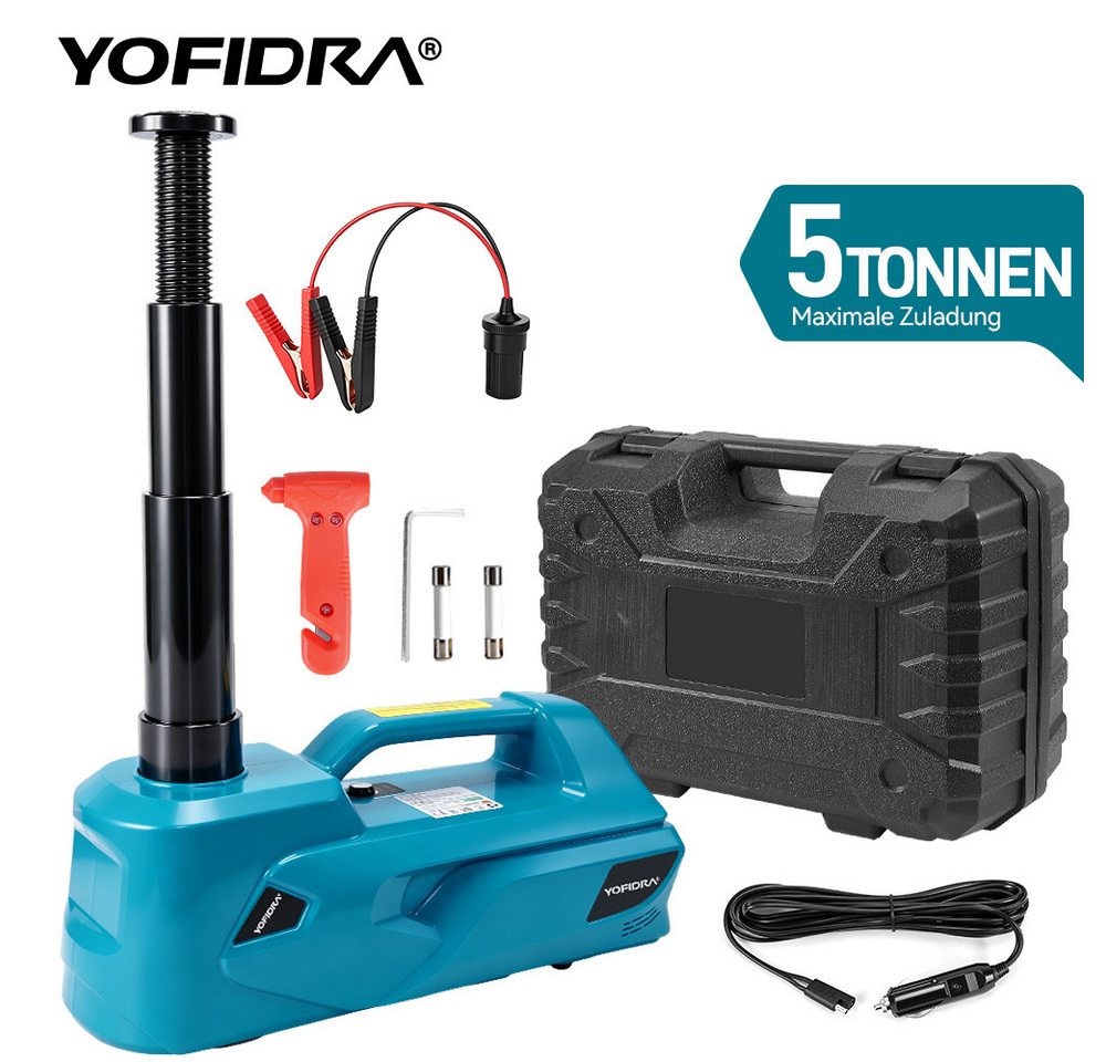 Yofidra Wagenheber Elektrischer hydraulischer Wagenheber 5T, 180 W, 12V Autoheber mit LED, max. Hubhöhe: 53 cm, 1-tlg., Sicherheitsventil & Komplett-Set für PKW, SUV, MPV und LKW