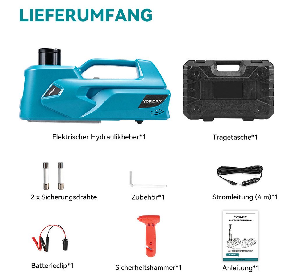 Yofidra Wagenheber Elektrischer hydraulischer Wagenheber 5T, 180 W, 12V Autoheber mit LED, max. Hubhöhe: 53 cm, 1-tlg., Sicherheitsventil & Komplett-Set für PKW, SUV, MPV und LKW Bild 2