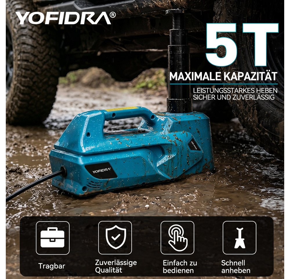 Yofidra Wagenheber Elektrischer hydraulischer Wagenheber 5T, 180 W, 12V Autoheber mit LED, max. Hubhöhe: 53 cm, 1-tlg., Sicherheitsventil & Komplett-Set für PKW, SUV, MPV und LKW Bild 3