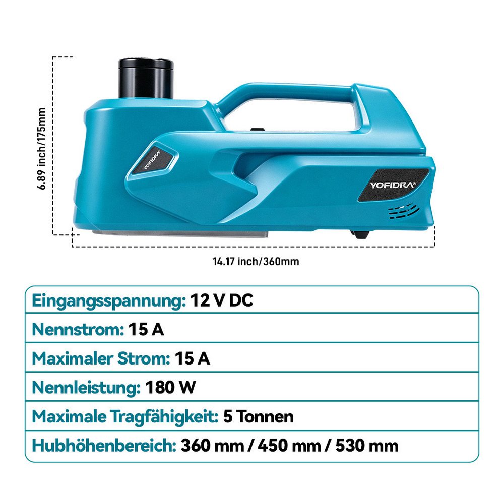 Yofidra Wagenheber Elektrischer hydraulischer Wagenheber 5T, 180 W, 12V Autoheber mit LED, max. Hubhöhe: 53 cm, 1-tlg., Sicherheitsventil & Komplett-Set für PKW, SUV, MPV und LKW Bild 5