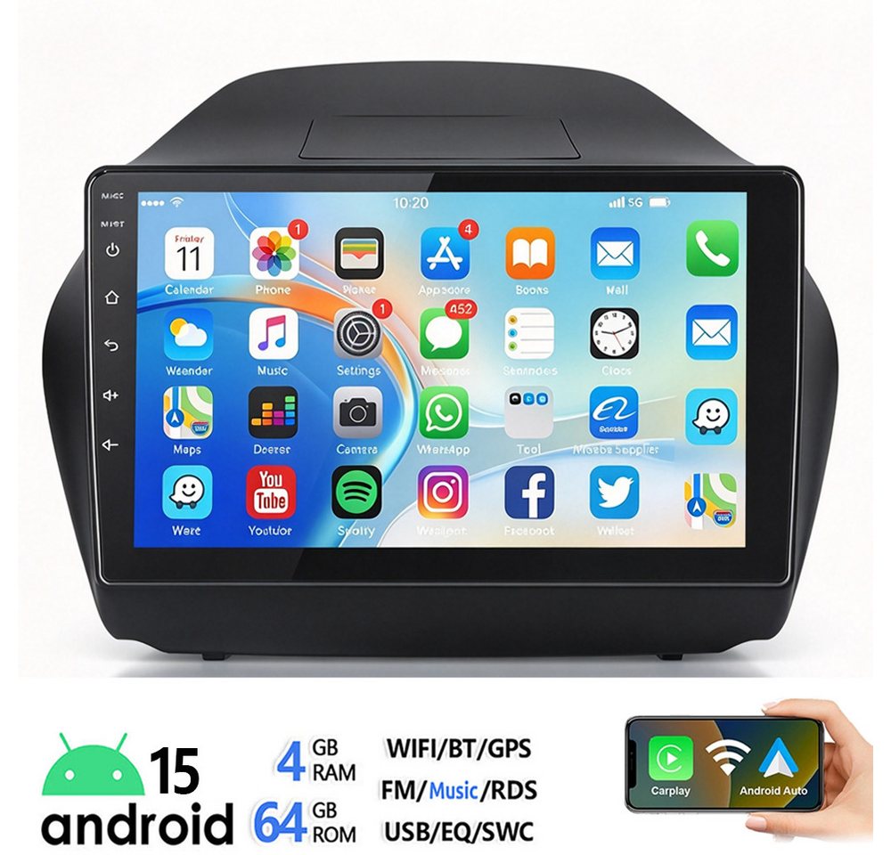 ESSGOO DAB+ 10'' Android 15 Für Hyundai iX35 2010-15 Carplay GPS Navi WIFI FM Autoradio (RDS, 4+64GB(optional), FM, GPS, DAB+ (optional), WIFI, Apple Carplay Android Auto GPS Navi WIFI BT EQ) Bild 3