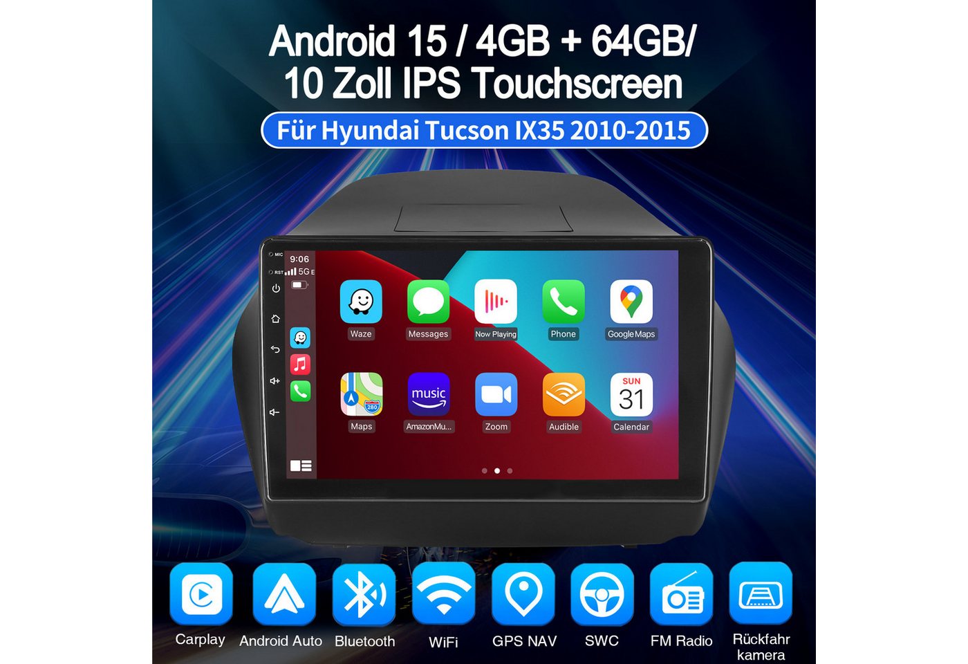 ESSGOO DAB+ 10'' Android 15 Für Hyundai iX35 2010-15 Carplay GPS Navi WIFI FM Autoradio (RDS, 4+64GB(optional), FM, GPS, DAB+ (optional), WIFI, Apple Carplay Android Auto GPS Navi WIFI BT EQ) Bild 4