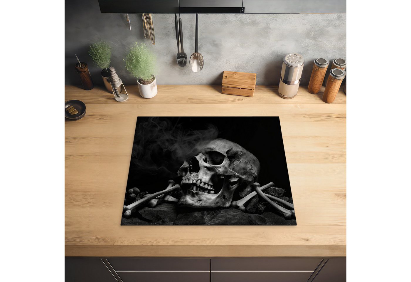 MuchoWow Herd-Abdeckplatte Totenkopf - Rauch - Schwarz - Weiß, Vinyl, (1 tlg), Abdeckplatte für Ceranfeld, Herd Inductionsmatte, 57.6x51.6 cm Bild 4
