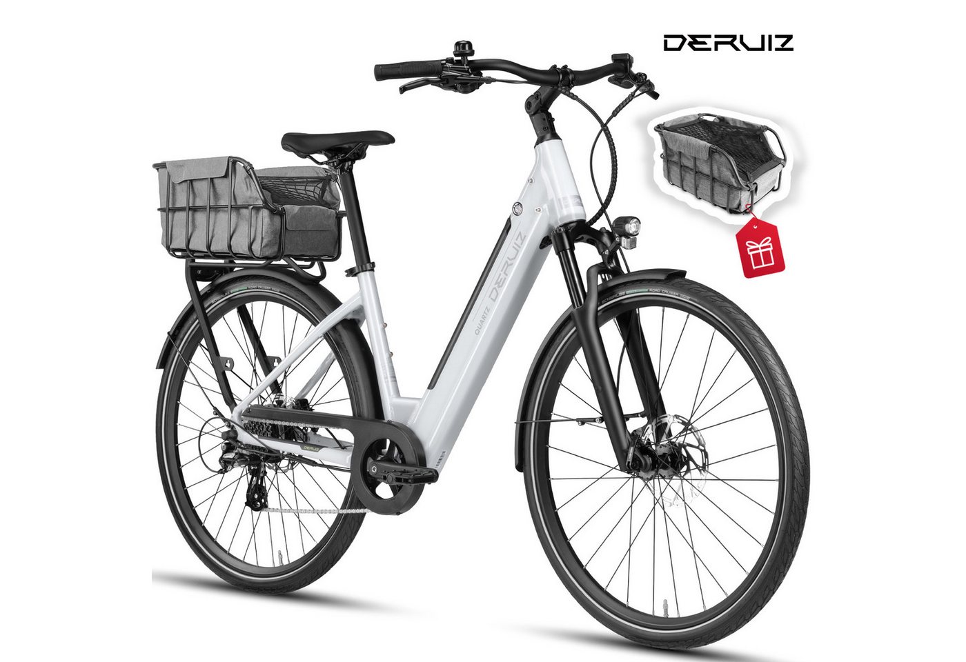DERUIZ E-Bike Cityrad 28 Zoll Quartz /Quartz SUV 48 V 644 Wh, 161 km, Drehmomentsensor, 8 Gang Shimano Schaltwerk, Heckmotor, 644 Wh, (Lockout-Federgabel, Hydraulische Scheibenbremsen, Tiefeinsteiger), leicht nur 24,6kg, E-Citybike, Pedelec, max. Belastung 160 kg