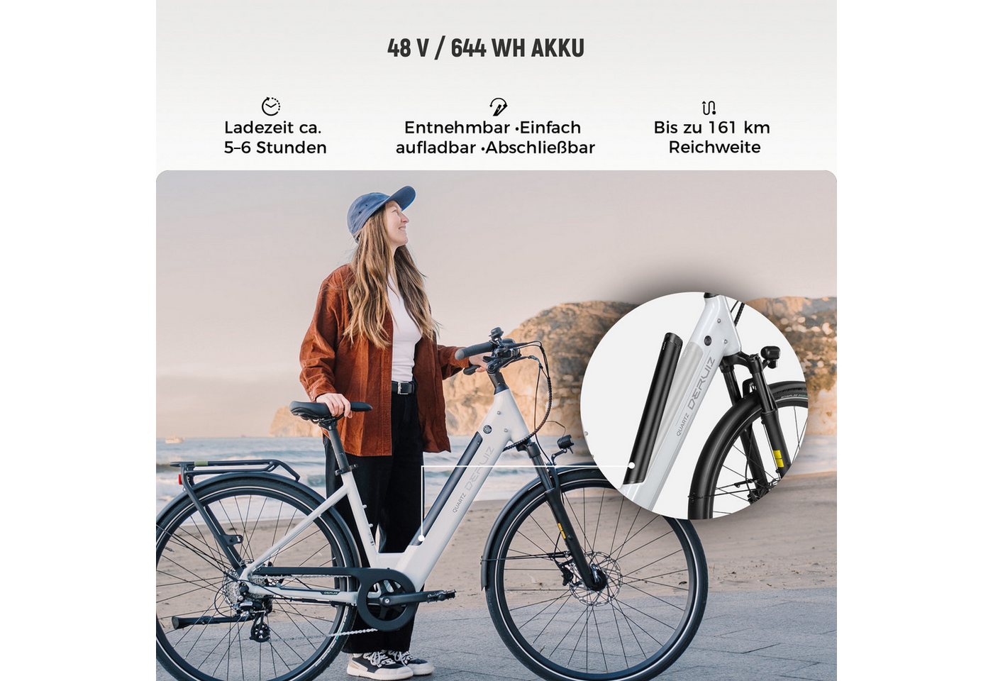 DERUIZ E-Bike Cityrad 28 Zoll Quartz /Quartz SUV 48 V 644 Wh, 161 km, Drehmomentsensor, 8 Gang Shimano Schaltwerk, Heckmotor, 644 Wh, (Lockout-Federgabel, Hydraulische Scheibenbremsen, Tiefeinsteiger), leicht nur 24,6kg, E-Citybike, Pedelec, max. Belastung 160 kg Bild 4