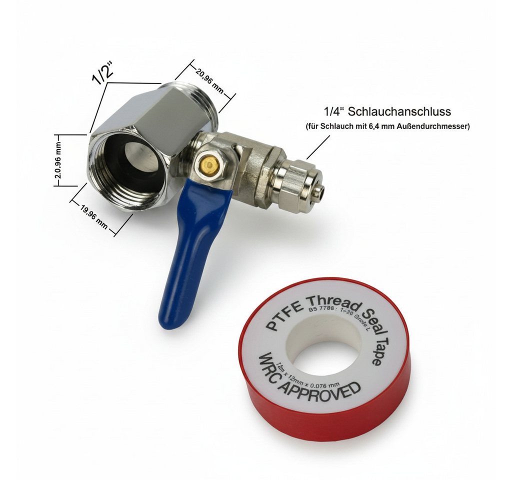 Trinkwasserladen Wasserfilter, Zwischenstück 1/2 Zoll mit Absperrhahn für 1/4 Zoll Schlauch