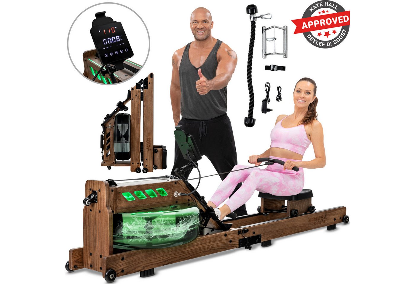 Miweba Sports Rudergerät Wasser-Rudergerät MR700 Pro (Set, klappbar, Rudermaschine, Ganzkörpertrainer), klappbar, 3 Trainingsgriffe, beleuchteter, Pulsarmband