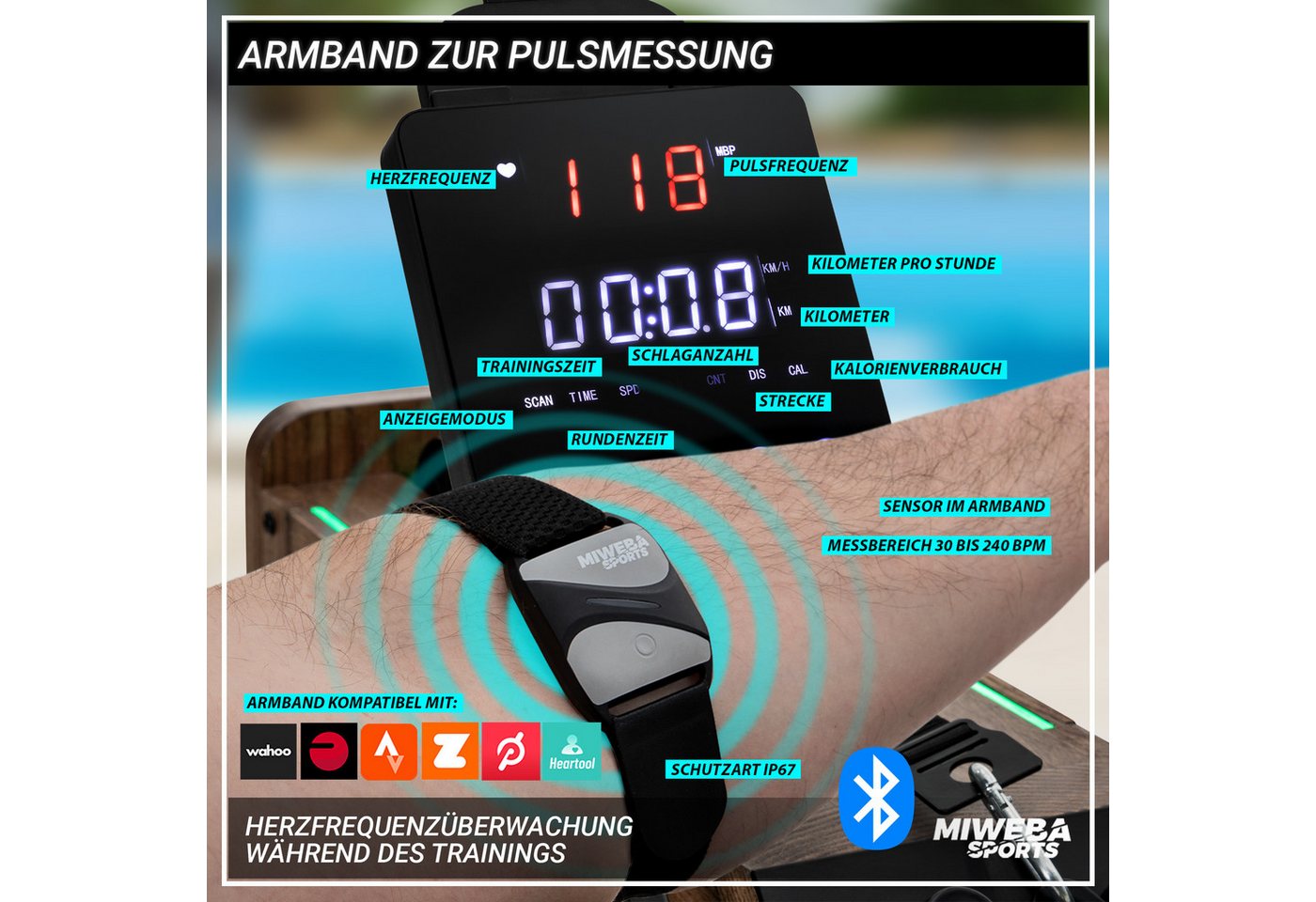 Miweba Sports Rudergerät Wasser-Rudergerät MR700 Pro (Set, klappbar, Rudermaschine, Ganzkörpertrainer), klappbar, 3 Trainingsgriffe, beleuchteter, Pulsarmband Bild 2