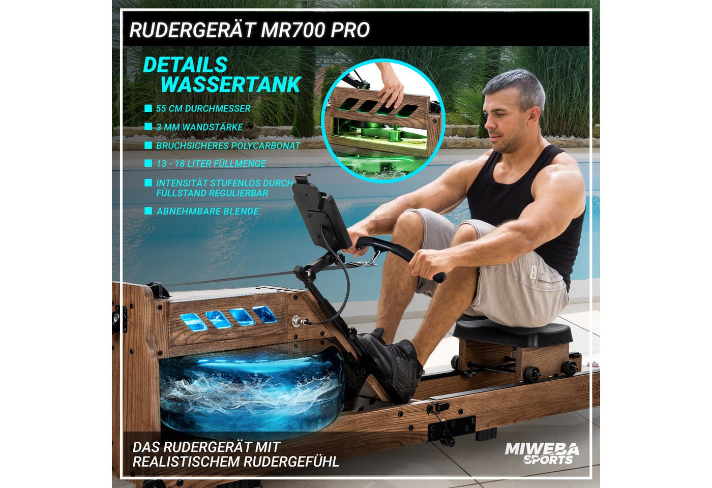 Miweba Sports Rudergerät Wasser-Rudergerät MR700 Pro (Set, klappbar, Rudermaschine, Ganzkörpertrainer), klappbar, 3 Trainingsgriffe, beleuchteter, Pulsarmband Bild 4