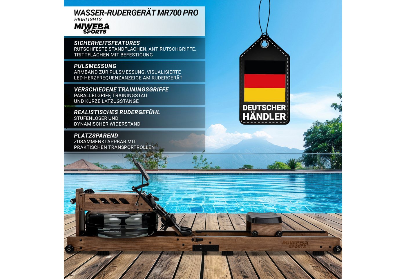 Miweba Sports Rudergerät Wasser-Rudergerät MR700 Pro (Set, klappbar, Rudermaschine, Ganzkörpertrainer), klappbar, 3 Trainingsgriffe, beleuchteter, Pulsarmband Bild 5