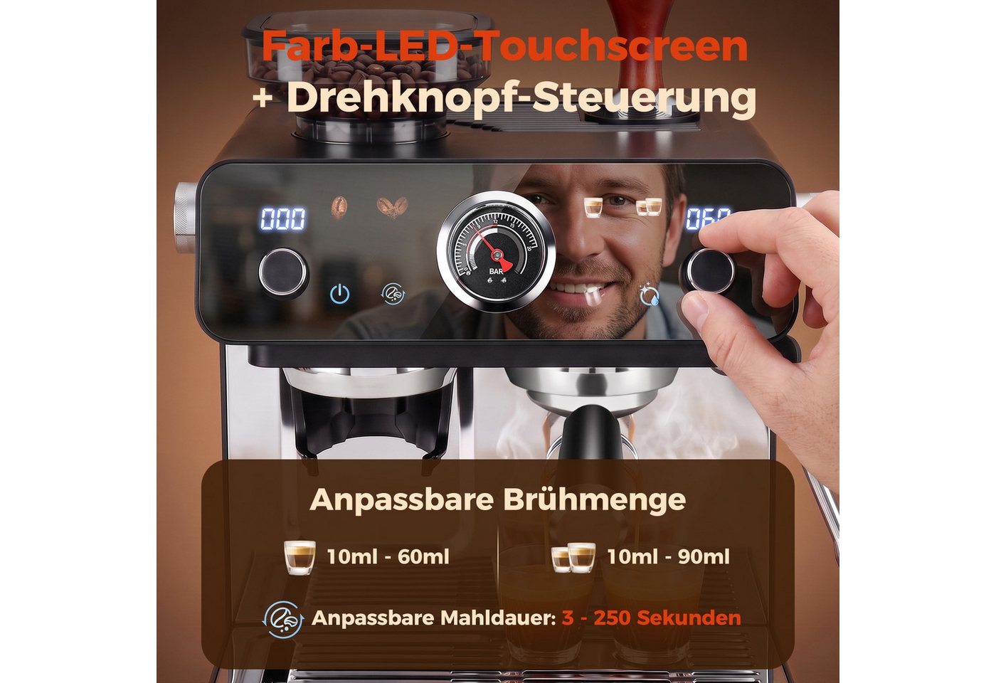 Taylor Swoden Espressomaschine Siebträgermaschine mit Mahlwerk, 20 Bar, PID & Milchaufschäumer, PID & 35 Mahlgrade, 58mm Edelstahl Siebträger, Dosierring, Barista-Kit Bild 2