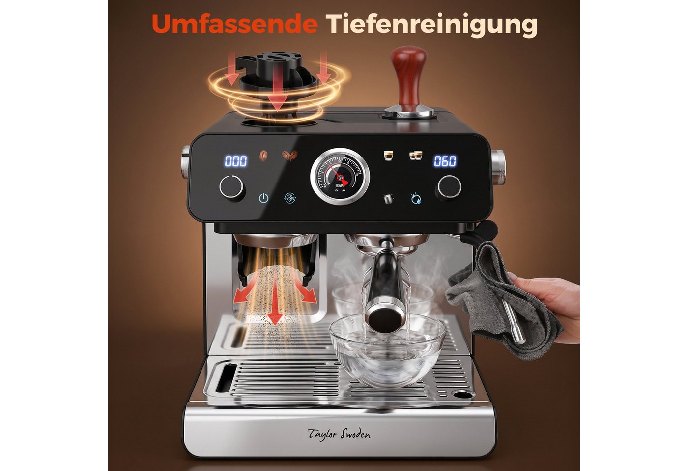 Taylor Swoden Espressomaschine Siebträgermaschine mit Mahlwerk, 20 Bar, PID & Milchaufschäumer, PID & 35 Mahlgrade, 58mm Edelstahl Siebträger, Dosierring, Barista-Kit Bild 3