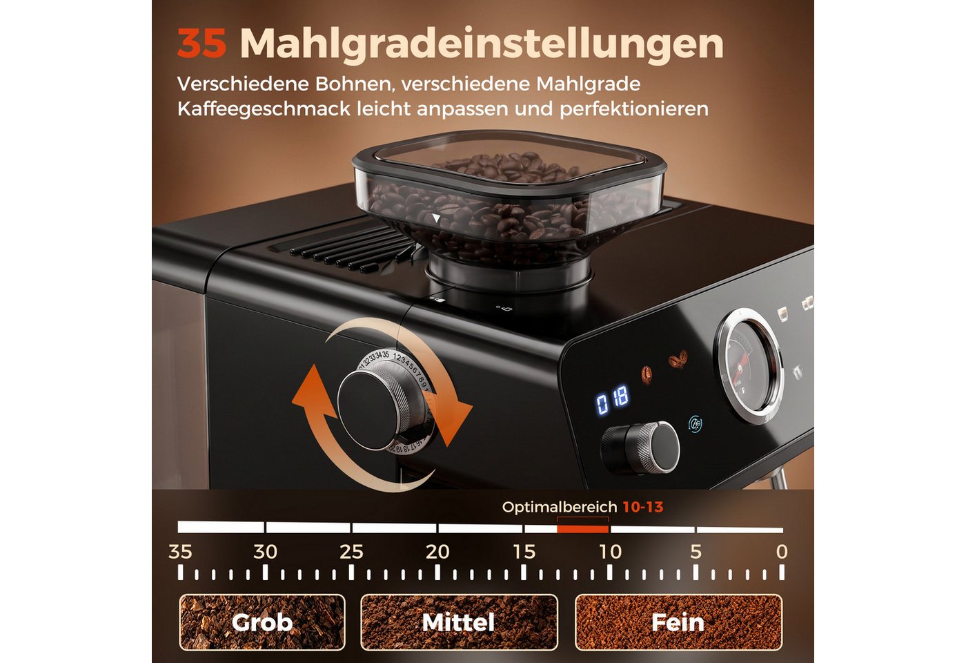 Taylor Swoden Espressomaschine Siebträgermaschine mit Mahlwerk, 20 Bar, PID & Milchaufschäumer, PID & 35 Mahlgrade, 58mm Edelstahl Siebträger, Dosierring, Barista-Kit Bild 5