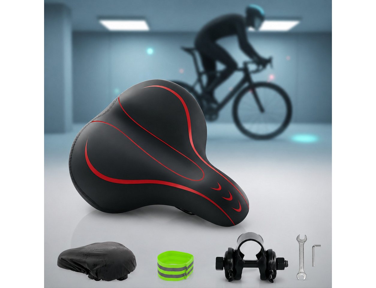 Fyrove Fahrradsattel Unisex, Trekking-Sattel, City-Sattel für Herren Damen (E-Bike Sattel, MTB-Sitz, Fahrradsitz für Touren und täglichen Einsatz), 27 × 19,5 cm, PU-Leder, Reflexstreifen, Adapter, Regenhülle Bild 5