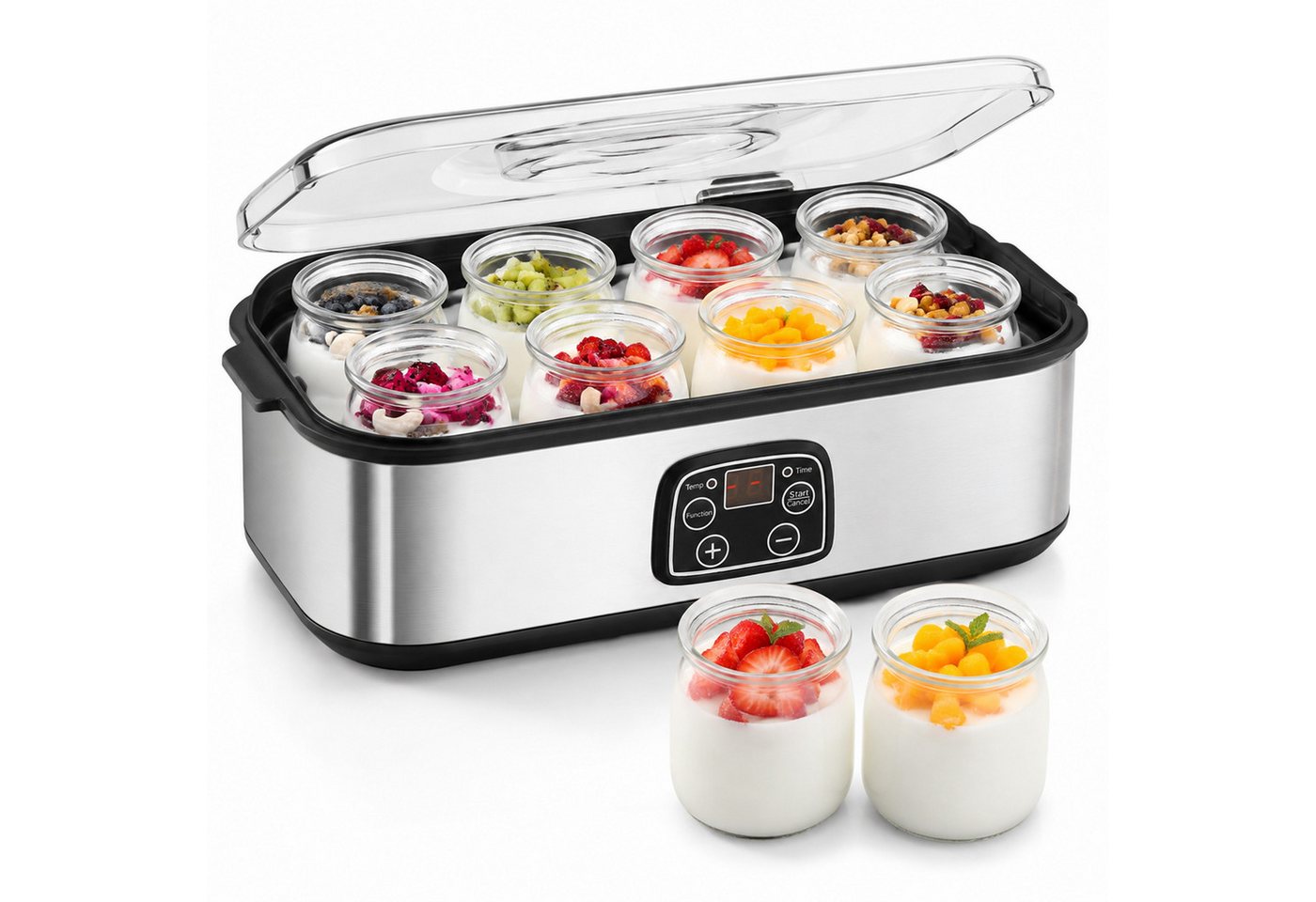 Ledklang Joghurtbereiter 8 Glasbechern (180 ml) Elektrischer Joghurtmaker aus Edelstahl Timer, 8 Portionsbehälter, je 1440 ml, einstellbarem Thermostat und Digitaldisplay