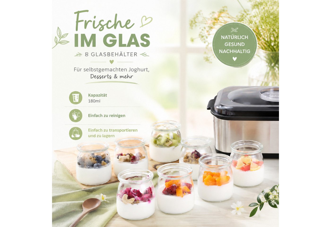 Ledklang Joghurtbereiter 8 Glasbechern (180 ml) Elektrischer Joghurtmaker aus Edelstahl Timer, 8 Portionsbehälter, je 1440 ml, einstellbarem Thermostat und Digitaldisplay Bild 3