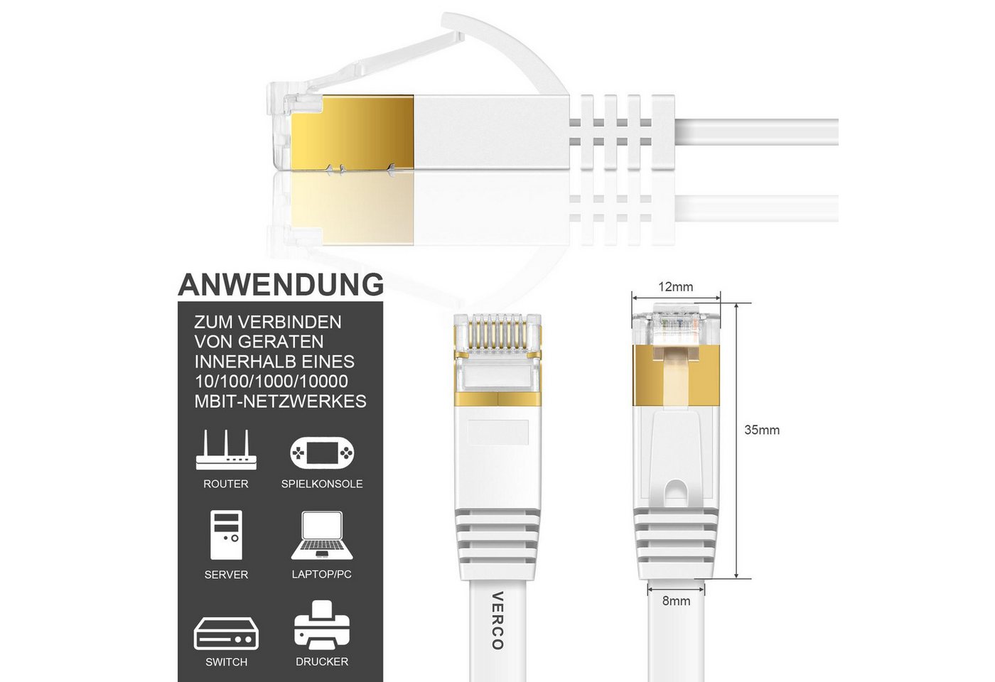 VERCO Cat 7 Netzwerkkabel flaches LAN-Kabel, RJ-45 (Ethernet), (5000 cm), 10 / 100 / 1000 Mbits Geschwindigkeit bis 1 Gbits S/FTP Patchkabel Bild 2