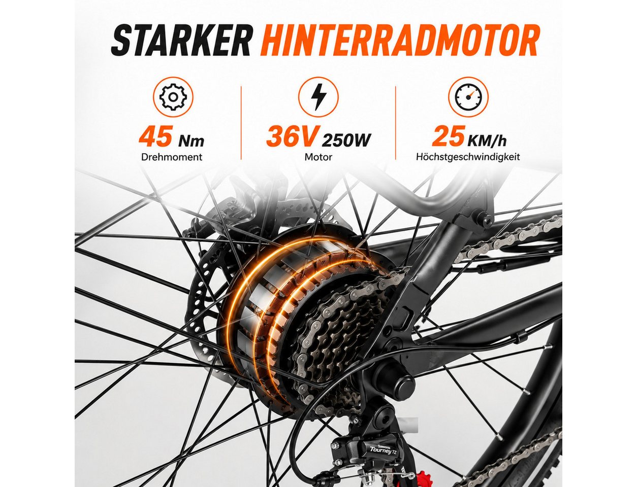 OOTD E-Bike City-E-Bike 26" 36V 14,5Ah Akku bis 75km, 250W Heckmotor, Shimano 7-Gang, 7 Gang Shimano Tourney Schaltwerk, Kettenschaltung, Tiefer Einstieg, gefederte Sattelstütze, Farb-LCD-Display
