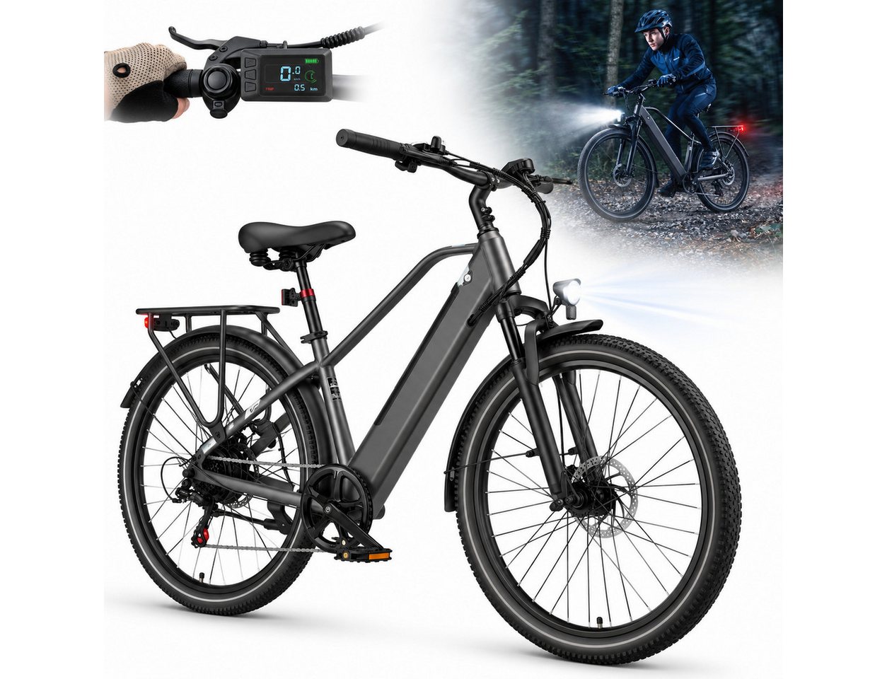 OOTD E-Bike City-E-Bike 26" 36V 14,5Ah Akku bis 75km, 250W Heckmotor, Shimano 7-Gang, 7 Gang Shimano Tourney Schaltwerk, Kettenschaltung, Tiefer Einstieg, gefederte Sattelstütze, Farb-LCD-Display Bild 2