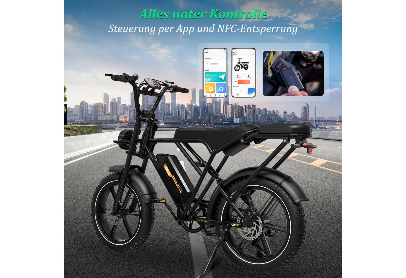 RCB E-Bike G19, NFC&APP, 20,8Ah, 60–90 KM Reichweite, 20×4,0 Zoll Elektrofahrrad, 7 Gang, Kettenschaltung, Heckmotor, 960 Wh Bild 2