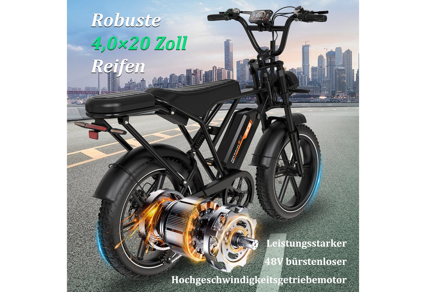 RCB E-Bike G19, NFC&APP, 20,8Ah, 60–90 KM Reichweite, 20×4,0 Zoll Elektrofahrrad, 7 Gang, Kettenschaltung, Heckmotor, 960 Wh Bild 3
