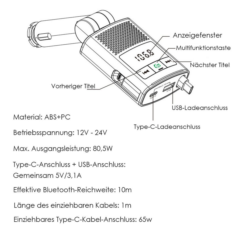AFKSMILE 80W Bluetooth 5.3 Adapter Auto, 100cm Einziehbares Kabel Autobatterie-Ladegerät (Zigarettenanzünder USB C & FM Transmitter, 24V/12V USB Adapter Auto)