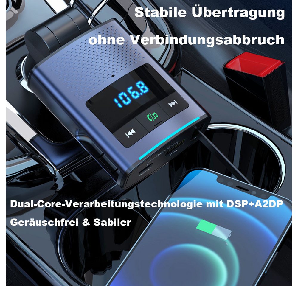 AFKSMILE 80W Bluetooth 5.3 Adapter Auto, 100cm Einziehbares Kabel Autobatterie-Ladegerät (Zigarettenanzünder USB C & FM Transmitter, 24V/12V USB Adapter Auto) Bild 2