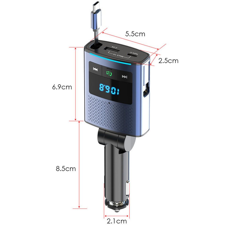 AFKSMILE 80W Bluetooth 5.3 Adapter Auto, 100cm Einziehbares Kabel Autobatterie-Ladegerät (Zigarettenanzünder USB C & FM Transmitter, 24V/12V USB Adapter Auto) Bild 3