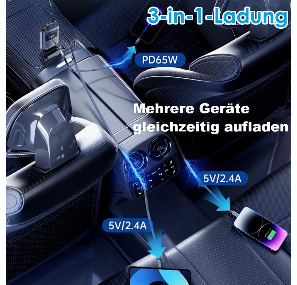 AFKSMILE 80W Bluetooth 5.3 Adapter Auto, 100cm Einziehbares Kabel Autobatterie-Ladegerät (Zigarettenanzünder USB C & FM Transmitter, 24V/12V USB Adapter Auto) Bild 5