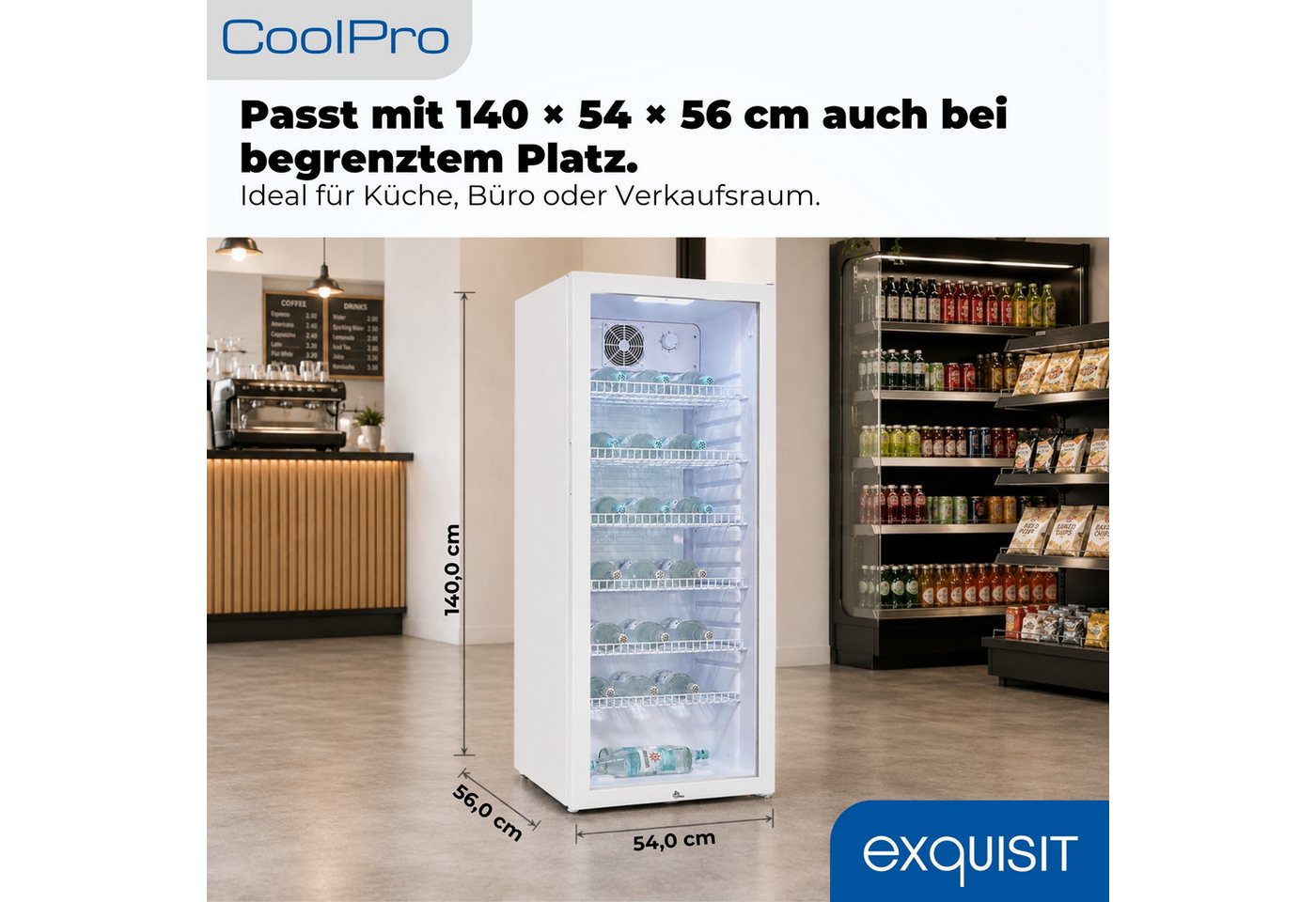 exquisit Getränkekühlschrank GKS5240-GT-160C, 140 cm hoch, 54 cm breit, Isolierglastür, Gitterablage, manuelle Temperaturregelung