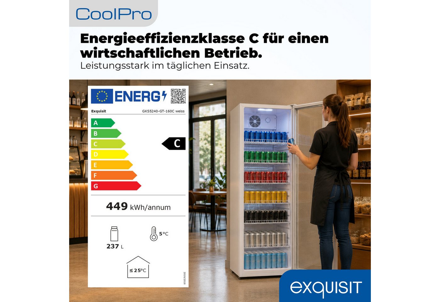 exquisit Getränkekühlschrank GKS5240-GT-160C, 140 cm hoch, 54 cm breit, Isolierglastür, Gitterablage, manuelle Temperaturregelung Bild 2