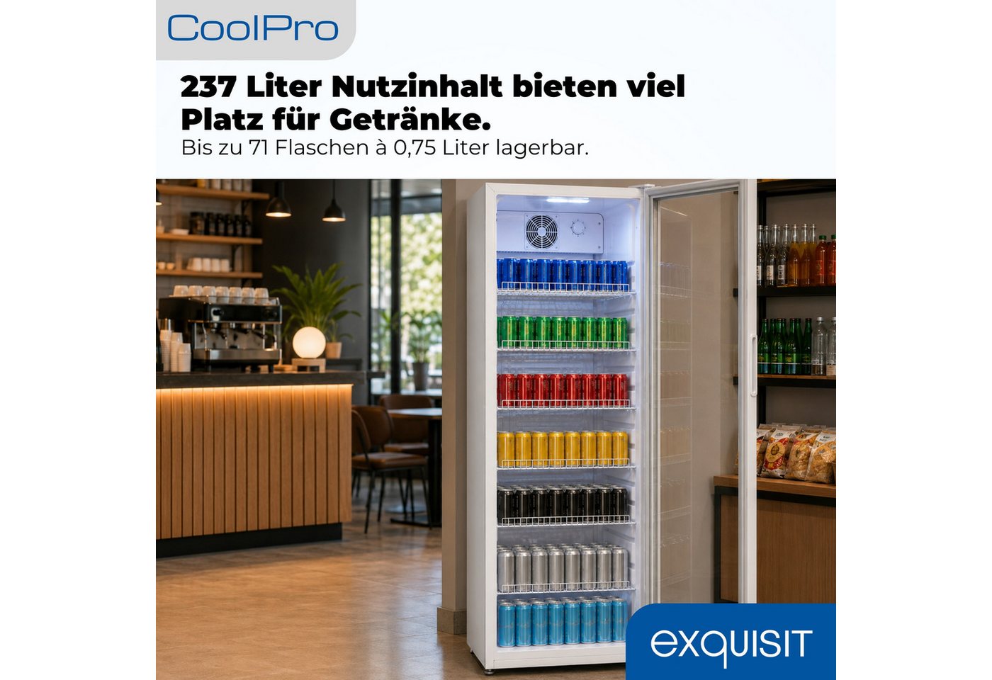 exquisit Getränkekühlschrank GKS5240-GT-160C, 140 cm hoch, 54 cm breit, Isolierglastür, Gitterablage, manuelle Temperaturregelung Bild 5