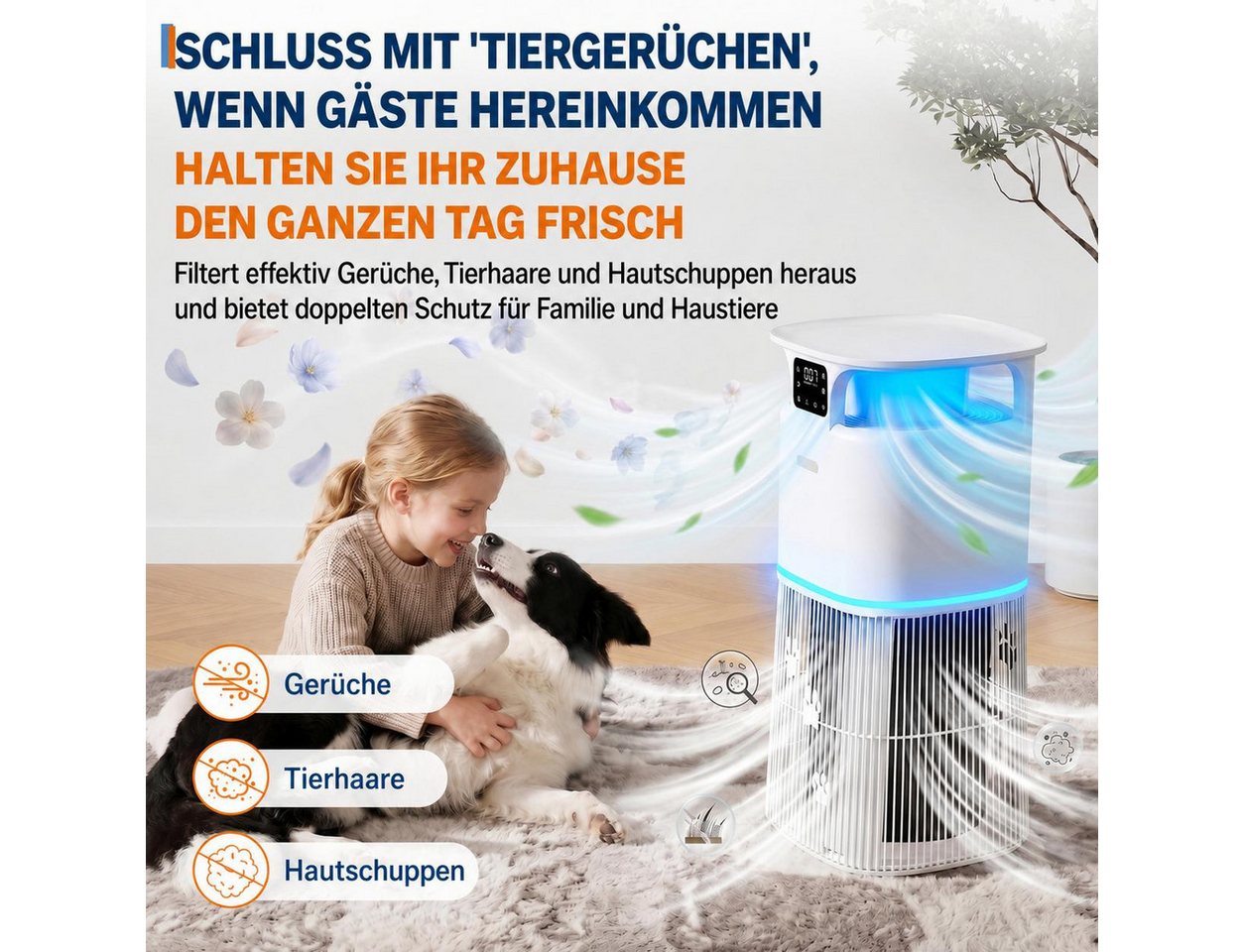 GarveeMore Luftreiniger für Große Räume bis 344m², PJ13 HEPA, leise 23dB, 269 CFM Luftreiniger gegen Tierhaare, Geruch, Echtzeit-AQI, App