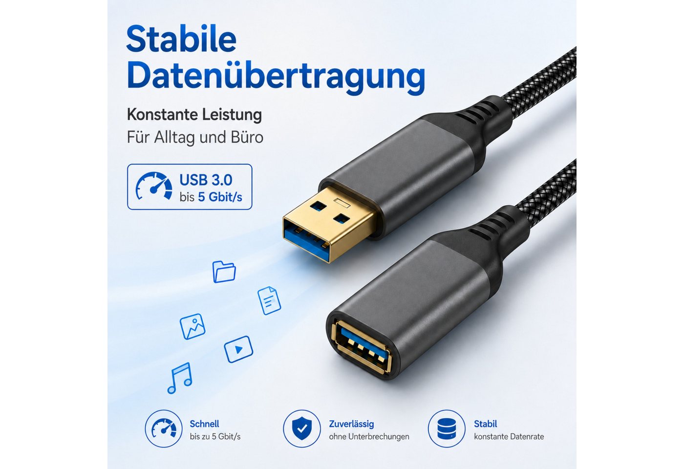 PlugUp USB 3.0 Verlängerungskabel 5 Gbit/s – USB-A Stecker zu USB-A Buchse USB-Kabel, USB Typ A, USB Typ A (200 cm), Bis zu 10 Gbit/s Datenübertragung – Plug & Play – für USB-A Geräte Bild 2