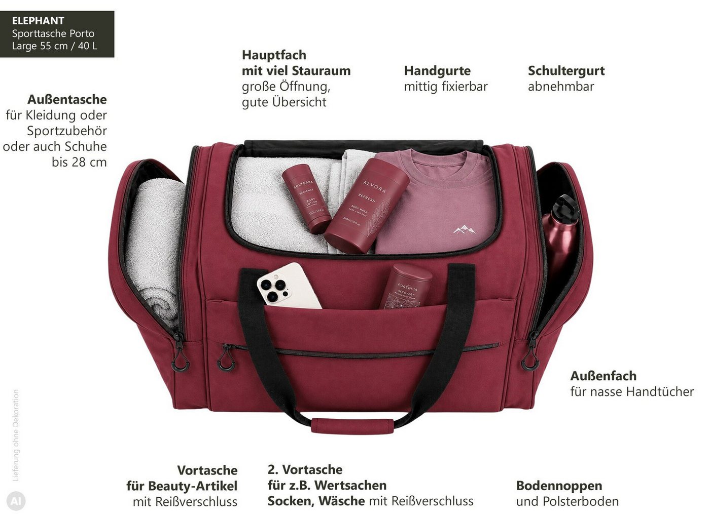 ELEPHANT Sporttasche groß Reisetasche Sport Tasche Porto Large 55 cm 40 Liter, Saunatasche Fußball Large Gym Saunatasche + Trinkflasche