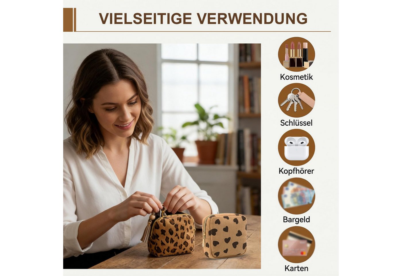 FOUORTUNATE-BEE Aufbewahrungstasche 2 Stück Cord Aufbewahrungstasche mit Leopardenmuster Kleine Tasche (mit Reißverschluss für Damen und Mädchen, ideal für Reise und Alltag, 2-tlg)