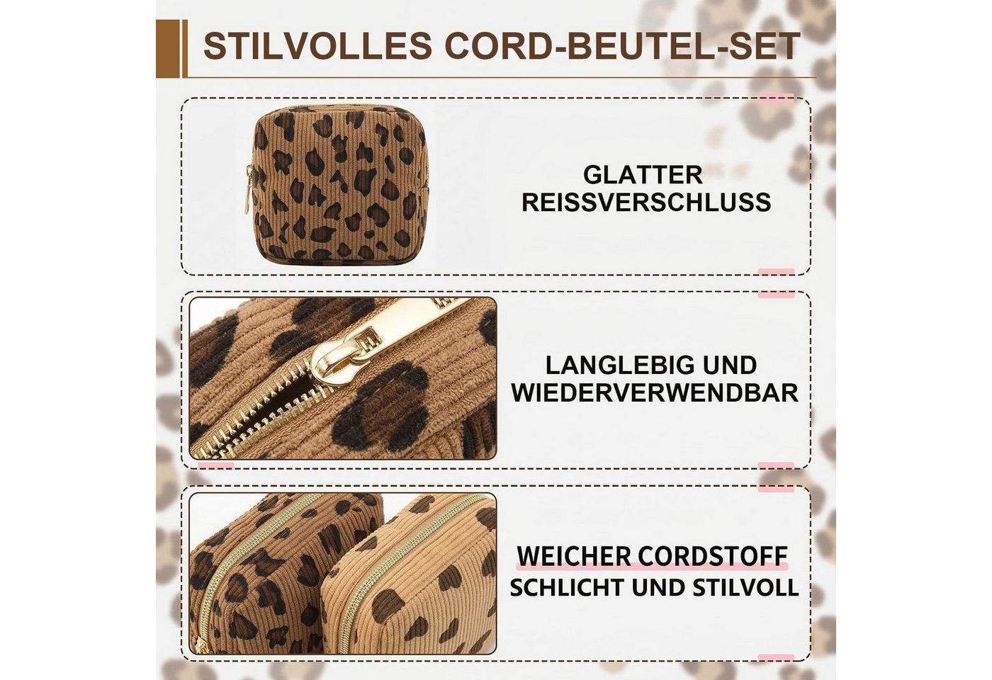 FOUORTUNATE-BEE Aufbewahrungstasche 2 Stück Cord Aufbewahrungstasche mit Leopardenmuster Kleine Tasche (mit Reißverschluss für Damen und Mädchen, ideal für Reise und Alltag, 2-tlg) Bild 2