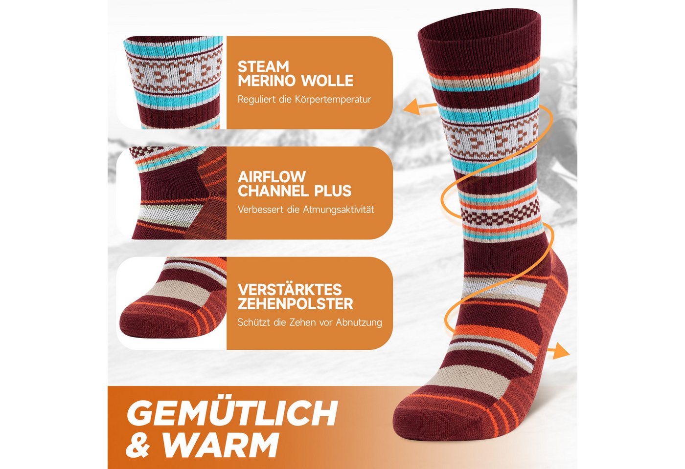 TANSTC Sportsocken Merino-Wollsocken für Damen und Herren, warme Socken, Wintersocken Weich, warm, vielseitig nutzbar, 3er-Pack Bild 3
