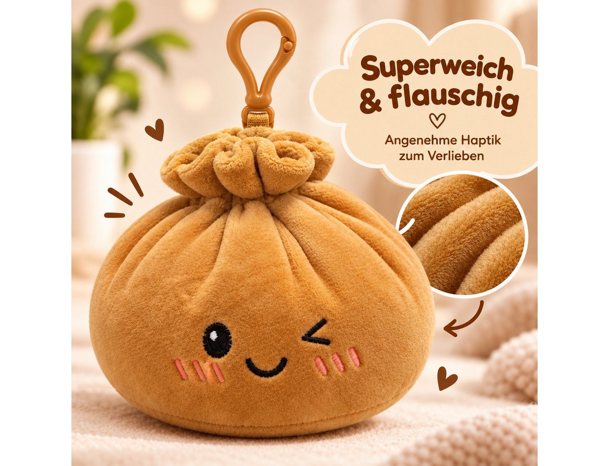 Bert Struis Gepäckanhänger Kawaii Dumpling Bagclip Taschenanhänger Schlüsselanhänger 12cm braun (Set, 1-St., Geschenk-Set) Plüschanhänger mit niedlichem Kawaii-Gesicht Fluffige Polyesterfüllung