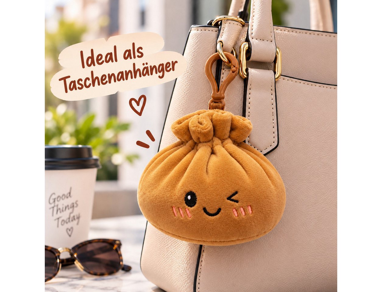 Bert Struis Gepäckanhänger Kawaii Dumpling Bagclip Taschenanhänger Schlüsselanhänger 12cm braun (Set, 1-St., Geschenk-Set) Plüschanhänger mit niedlichem Kawaii-Gesicht Fluffige Polyesterfüllung Bild 3