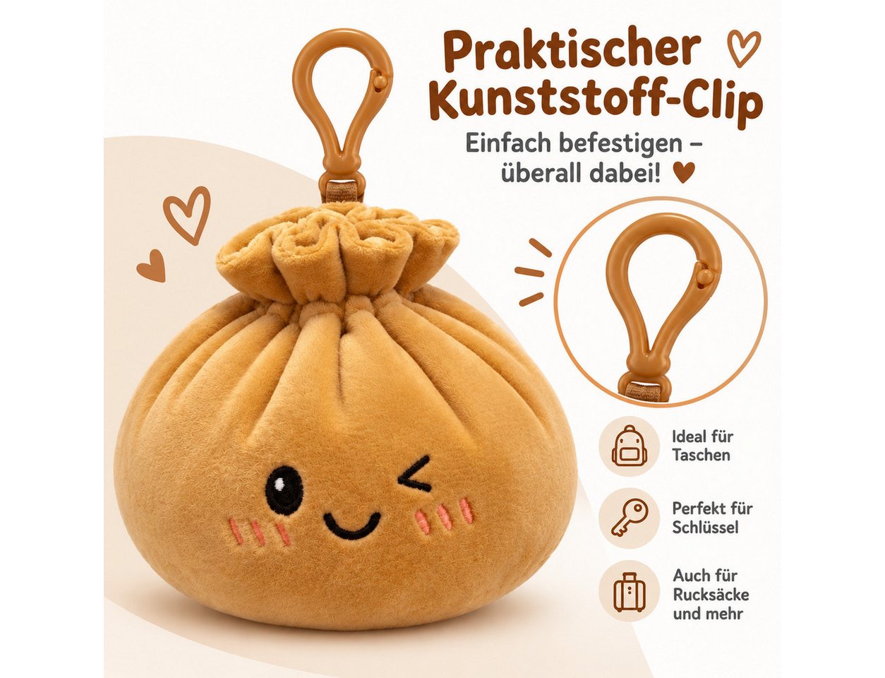 Bert Struis Gepäckanhänger Kawaii Dumpling Bagclip Taschenanhänger Schlüsselanhänger 12cm braun (Set, 1-St., Geschenk-Set) Plüschanhänger mit niedlichem Kawaii-Gesicht Fluffige Polyesterfüllung Bild 5