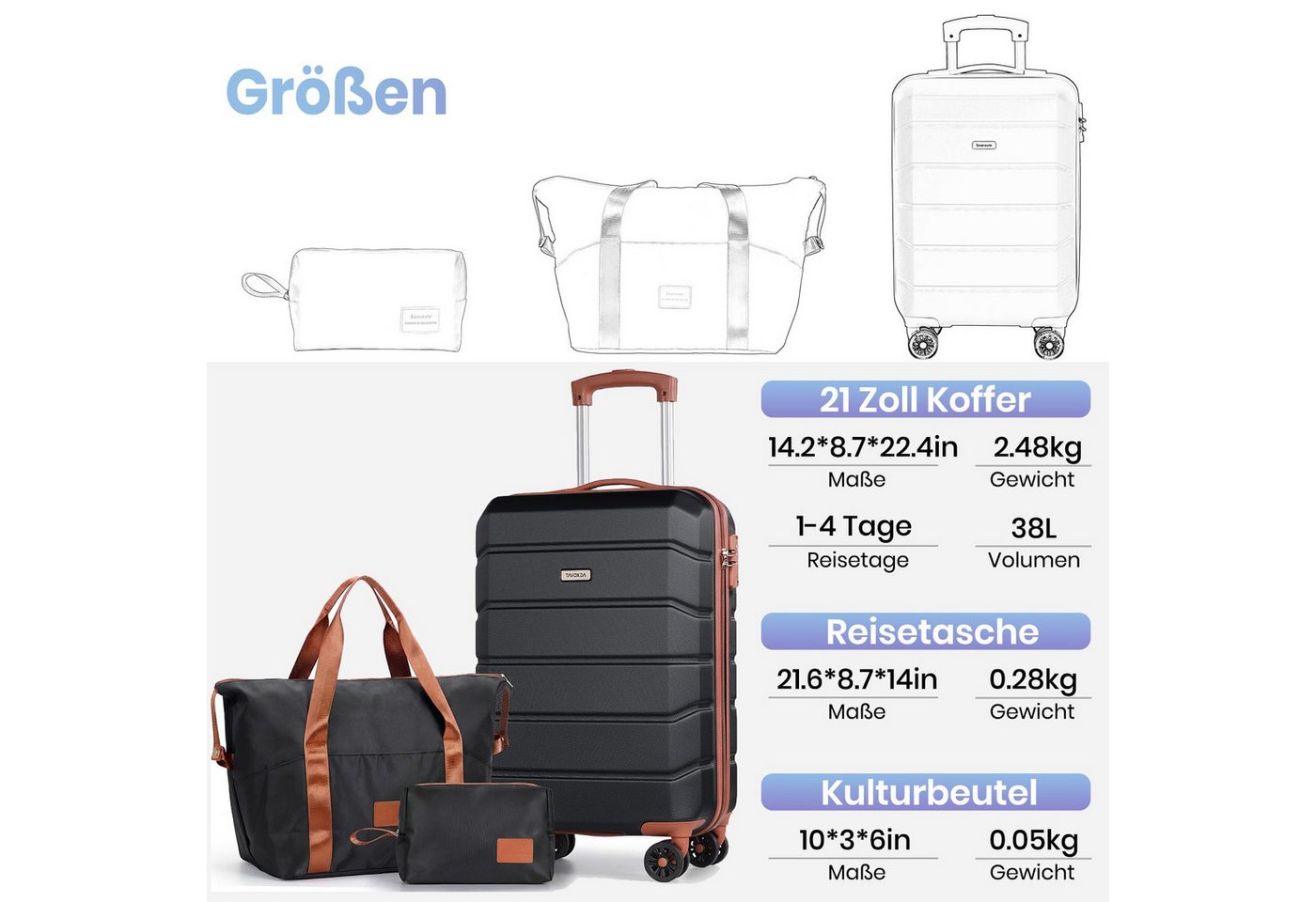 Tavoxda Kofferset 5-teiliges Kofferset, Trolley-Reisekofferset mit ABS-Hartschale, in schlichtem Design, mit viel Stauraum, stabil und strapazierfähig Bild 5