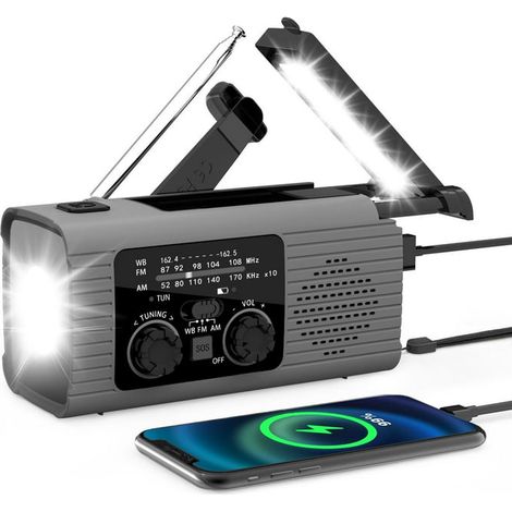 Notradio Mit Handkurbel Und Externem 4000-mah-akku (handyladegerät), Wiederaufladbar Über Usb Und Solarenergie – Tragbares Wetterradio Mit Sos-alarm Und Led-taschenlampe Für Notfälle