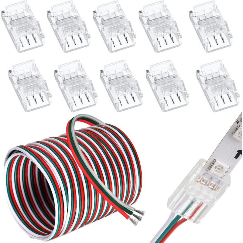 Kit De Connecteurs De Bande Led 3 Broches 10 Mm,10pcs Connecteurs De Bande Led 10mm + Dc 12v-24v Câble D'Extension Led 5m Pour Bande Led Ws2811 Ws2812b