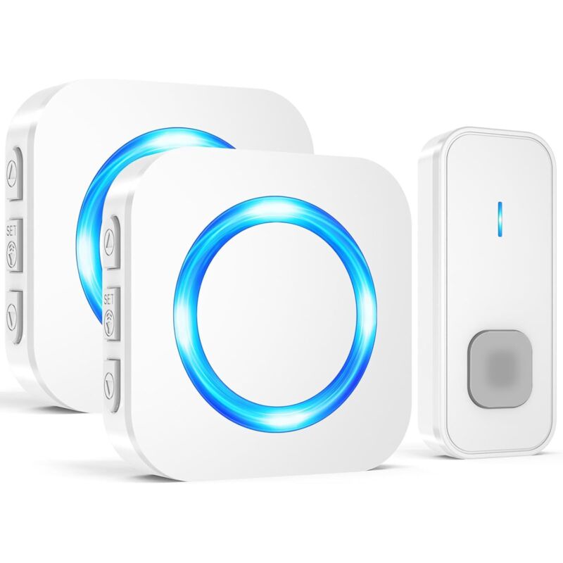Sonnette Sans Fil Exterieur Étanche, Longue Portée 400m De Carillon Electronique Kit, 55 Mélodies Au 5 Niveaux Volumes Pour Maison, Indicateur Led Bleu (2 Récepteur Blanc + 1 Émetteur Blanc)