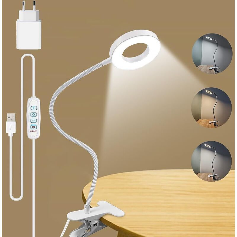 Lampe De Bureau, 3 Modes D’éclairage &10 Niveaux Dimmable, Lampe De Lecture À Pince Pour Lire Et Travailler, Avec Chargeur Usb,bras D'Éclairage Rotatif À 360 Degrés
