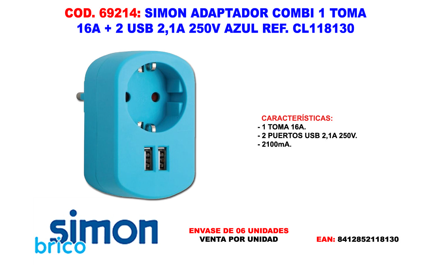 Kombi-adapter 1 Steckdose 16 A + 2 Usb 2,1 A 250 V Blau Cl118130
