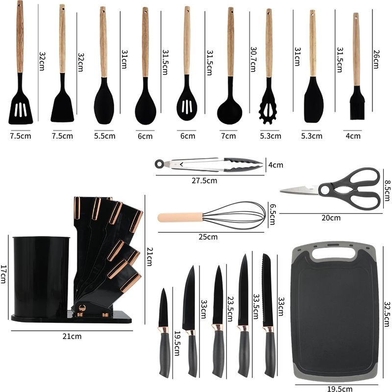 19-teiliges Silikon-küchenmesserset, 12 Küchenutensilien, 5 Messer, Schneidebrett Und Ständer, Spülmaschinenfest.